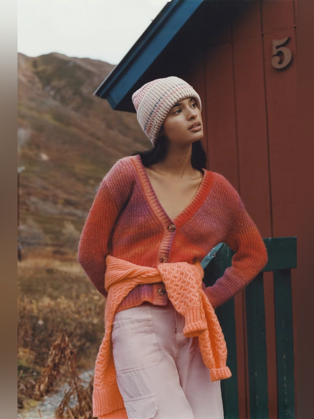 Maeve Hallie Space-Dyed Wool/Alpaca Blend Cardigan in Orange/Pink size Medium